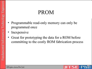 PROM Programmable read-only memory can only be programmed once Inexpensive Great for prototyping the data for a ROM before committing to the costly ROM fabrication process 