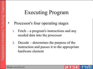 Executing Program Processor's four operating stages Fetch – a program's instructions and any needed data into the processor Decode – determines the purpose of the instruction and passes it to the appropriate hardware element 