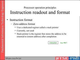 Processor operation principles Instruction readout and format Instruction format Zero-address format Uses a dedicated register called a stack pointer Currently, not used Stack pointer is the register that stores the address to be returned to (return address) after completion Instruction e.g. HALT 
