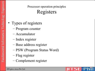 Processor operation principles Registers Types of registers Program counter Accumulator Index register Base address register PSW (Program Status Word) Flag register Complement register 