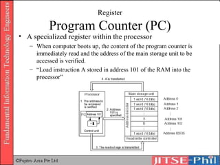 Register Program Counter (PC) A specialized register within the processor When computer boots up, the content of the program counter is immediately read and the address of the main storage unit to be accessed is verified. “ Load instruction A stored in address 101 of the RAM into the processor” 