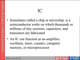 IC Sometimes called a chip or microchip, is a semiconductor wafer on which thousands or millions of tiny resistors, capacitors, and transistors are fabricated An IC can function as an amplifier, oscillator, timer, counter, computer memory, or microprocessor 