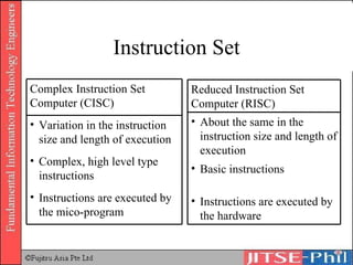 Instruction Set Instructions are executed by the mico-program Complex, high level type instructions Variation in the instruction size and length of execution Complex Instruction Set Computer (CISC) Instructions are executed by the hardware Basic instructions About the same in the instruction size and length of execution Reduced Instruction Set Computer (RISC) 