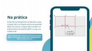 O lado BE é prolongamento do lado AB, ou seja,
o ângulo CBE é um ângulo externo do quadrado
ABCD. No entanto, o ângulo CBE é também um
ângulo interno do quadrado BEFC, ou seja, sua
medida é 90°
Na prática
Como o ângulo ABC é ângulo interno do quadrado
ABCD e sua medida é igual a 90°, os ângulos ABC e
CBE são suplementares
 