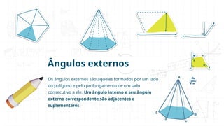 Ângulos externos
Os ângulos externos são aqueles formados por um lado
do polígono e pelo prolongamento de um lado
consecutivo a ele. Um ângulo interno e seu ângulo
externo correspondente são adjacentes e
suplementares
 