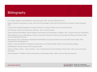 Lucian Arye Bebchuk, John C. Coates IV, and Guhan Subramanian. The Powerful Antitakeover Force of Staggered Boards: Theory,
Evidence, and Policy. 2002. Stanford Law Review.
Re-Jin Guo, Timothy A. Kruse, and Tom Nohel. Undoing the Powerful Antitakeover Force of Staggered Boards. 2008. Journal of
Corporate Finance.
Martijn Cremers, Lubomir P. Litov, and Simone M. Sepe. Staggered Boards and Firm Value, Revisited. 2014. Social Science Research
Network.
Weili Ge, Lloyd Tanlu, and Jenny Li Zhang. Board Destaggering: Corporate Governance Out of Focus? AAA 2014 Management
Accounting Section (MAS) Meeting Paper. 2014. Social Science Research Network.
Samuel H. Szewczyk and George P. Tsetsekos. State Intervention in the Market for Corporate Control: The Case of Pennsylvania
Senate Bill 1310. 1992. Journal of Financial Economics.
Guhan Subramanian. Bargaining in the Shadow of Takeover Defenses. 2003. Yale Law Journal.
Ronald W. Masulis, Cong Wang, and Fei Xie. Agency Problems at Dual-Class Companies. 2009. Journal of Finance.
Paul A. Gompers, Joy Ishii, and Andrew Metrick. Extreme Governance: An Analysis of Dual-Class Firms in the United States. 2010.
Review of Financial Studies.
Robert Daines and Michael Klausner. Do IPO Charters Maximize Firm Value? Antitakeover Protection in IPOs. 2001. Journal of Law
Economics & Organization.
BIBLIOGRAPHY
 
