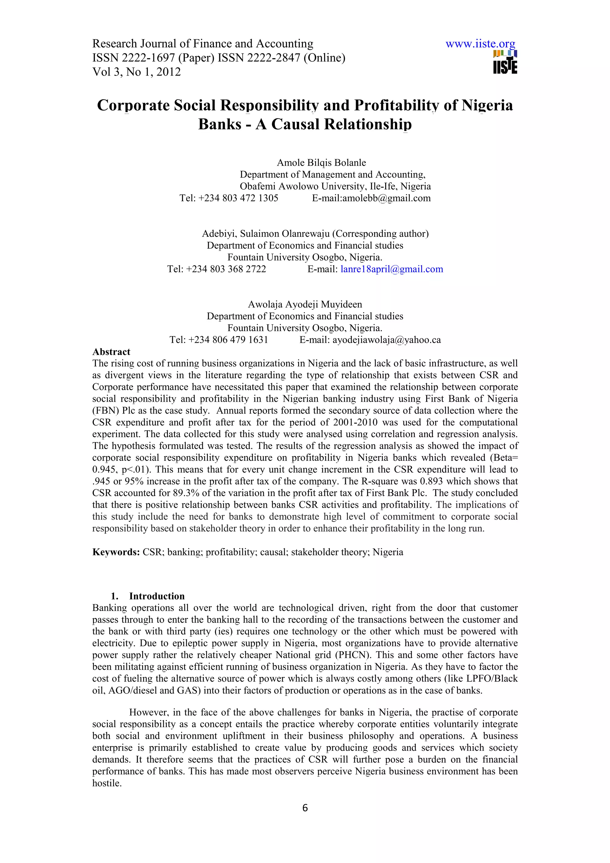 11.corporate social responsibility and profitability of nigeria banks | PDF