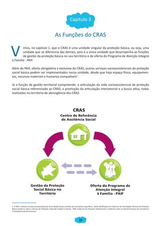 19
Capítulo 3
As Funções do CRAS
imos, no capítulo 1, que o CRAS é uma unidade singular da proteção básica, ou seja, uma
unidade que se diferencia das demais, pois é a única unidade que desempenha as funções
de gestão da proteção básica no seu território e de oferta do Programa de Atenção Integral
à Família - PAIF.
Além do PAIF, oferta obrigatória e exclusiva do CRAS, outros serviços socioassistenciais de proteção
social básica podem ser implementados nessa unidade, desde que haja espaço físico, equipamen-
tos, recursos materiais e humanos compatíveis5
.
Já a função de gestão territorial compreende: a articulação da rede socioassistencial de proteção
social básica referenciada ao CRAS; a promoção da articulação intersetorial e a busca ativa, todas
realizadas no território de abrangência dos CRAS.
5. O PAIF e demais serviços socioassistenciais de proteção básica constam de normativas específicas. Serão detalhados em Cadernos de Orientações Técnicas da Proteção
Básica (Caderno sobre o Serviço de Proteção e Atenção Integral à Família - PAIF, Cadernos do Projovem Adolescente e Cadernos sobre os demais Serviços de Convivência
e Fortalecimento de Vínculos).
V
CADERNO DO CRAS_30-9-2009.indd 19 5/10/2009 10:37:07
 