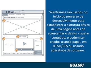 Wireframes são usados ​​no
início do processo de
desenvolvimento para
estabelecer a estrutura básica
de uma página antes de
acrescentar o design visual e
conteúdo, e podem ser
criados usando papel, em
HTML/CSS ou usando
aplicativos de software.
 