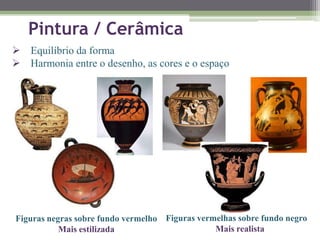 Pintura / Cerâmica
 Equilíbrio da forma
 Harmonia entre o desenho, as cores e o espaço
Figuras negras sobre fundo vermelho
Mais estilizada
Figuras vermelhas sobre fundo negro
Mais realista
 