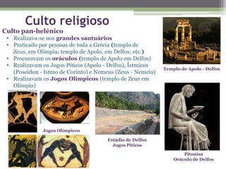 Culto religioso
Culto pan-helénico
• Realizava-se nos grandes santuários
• Praticado por pessoas de toda a Grécia (templo de
Zeus, em Olímpia; templo de Apolo, em Delfos; etc.)
• Procuravam os oráculos (templo de Apolo em Delfos)
• Realizavam os Jogos Píticos (Apolo - Delfos), Ístmicos
(Poseidon - Istmo de Corinto) e Nemeus (Zeus - Nemeia)
• Realizavam os Jogos Olímpicos (templo de Zeus em
Olímpia)
Jogos Olímpicos
Templo de Apolo - Delfos
Pitonisa
Oráculo de Delfos
Estádio de Delfos
Jogos Píticos
 