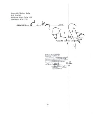 Honorable Michael Kelly
P.O. Box 246
1l I Court Street, Suite 1000
Charleston, wV 25301
-JORDER-ED this 3
Phillip M. S
BH-igbEFBIil[iflu'$
'
o*l* * iu'i.*c, g errt ol the Olrcult 0sutl,oi sdd
i;l,iil';;i ;;;t Stiie, o's trireuv certttv ttat ttle
i,t;'J,1 I i' .IJ ;ili':,!r tjiill*..:g:J:#
"'n
il"ffiifiru:20!3, Clerk
Putnam County, W'Va'
2A
 