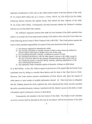 important consideration in this case or any child custody matter is the best ifrterest of the child.
l
W. Va. Code g 48-9-102(a); Syl. pt. 2,Carterv. Carter, 196 W. Ya.239,47q S.E.2d 193 (1996),
Achieving faimess between the parents always falls behind the best intfrests of the child.
W. Va. Code $ 48-9-102(b). Consequently, the issue becomes whether Mr.
flalburn's
visitation
with his son is in the child's best interest.
Mr. Halburn's argument assumes that under the best interests of the fhild umbrella from
which it is covered, the Court must award custody of his child to him unlesslthe Court finds one
of the following factors listed in West Virginia Code $ 48-9-209. That Code section requires the
court to limit custodial responsibility of a parent if the court determines that tfe parent
I
1) has abused, neglected or abandoned a child; I
2) has sexually assaulted or sexually abused a child as those terms afe defined in
articles eight-b and eight-d, chapter sixty-one of this code;-) -----r'-- -
3) has committed domestic violence, as defined in section 27-202:
4) has interfered persistently with the other parent's access to the child, exaept in
the case of actions taken for the purpose of protecting the safety of the child or
the interfering parent or another family member, pending adjudi{ation of the
facts underlying that belief; or
5) has repeatedly made fraudulent reports of domestic violence or chjld abuse'
Id. at 48-9-209(a). In fact, Mr. Halburn argues in ground one of his appeal tflat the Family Court
committed error by failing to consider these factors and list them in the Flnal Divorce Order.
However, this Code section requires consideration of these factors only rfpon the request of
either parent or upon receipt of credible information thereof. Id. There ha$ been no allegation
I
that Mr. Halburn abused the child, neglected the child, abandoned the chil{, sexually assaulted
I
the child, committed domestic violence, interfered with Ms. Martin's access tb the child, or made
a fraudulent report of domestic violence or child abuse-
Consequently, the standard is the best interestof the child. The Fam[ly Court's decision
as to how custody shall be allocated in this case in accordance with the best interest of the child
8
 