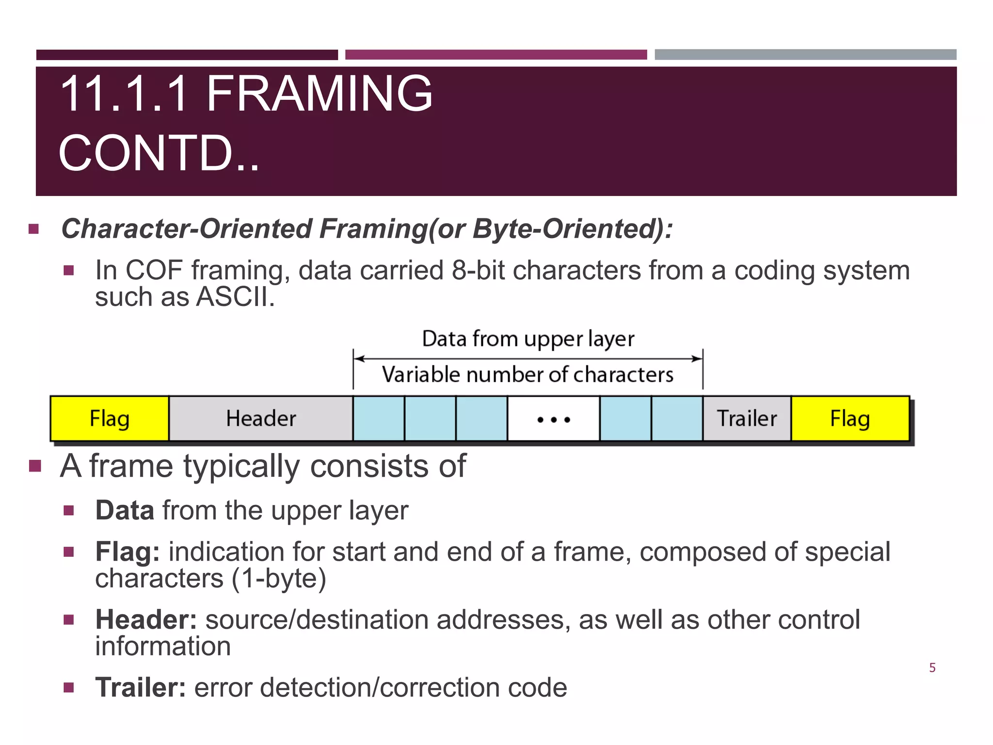 11.1.1 FRAMING
CONTD..
 Character-Oriented Framing(or Byte-Oriented):
 In COF framing, data carried 8-bit characters from a coding system
such as ASCII.
 A frame typically consists of
 Data from the upper layer
 Flag: indication for start and end of a frame, composed of special
characters (1-byte)
 Header: source/destination addresses, as well as other control
information
 Trailer: error detection/correction code
5
 