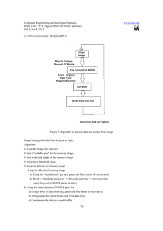 Computer Engineering and Intelligent Systems                                         www.iiste.org
ISSN 2222-1719 (Paper) ISSN 2222-2863 (Online)
Vol 3, No.4, 2012

2.1.4Desteganography: Modified BPCS




                        Figure 3. Algorithm to decrypt data and extract from image


Image having embedded data is given as input .
Algorithm:
1) Load the image into memory.
2) Get a "readable pen" for the memory image.
3) Get width and height of the memory image.
4) Generate a threshold value.
5) Loop for all rows of memory image
   Loop for all cols of memory image
     a) Using the "readable pen" get red, green and blue values of current pixel.
     b) If red <= threshold and green <= threshold and blue <= threshold then
        mark the pixel as NOISY (store in a list)
6) Loop for every element of NOISY pixel list
    a) Extract bytes of data from red, green and blue bands of noisy pixel.
    b) Deconjugate the secret blocks and form data bytes.
    c) Concatenate the data in a result buffer.

                                                     78
 