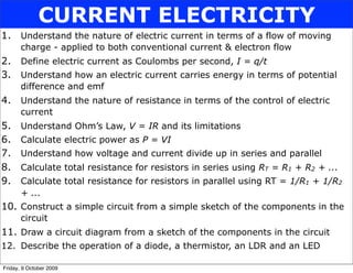 CURRENT ELECTRICITY
1.     Understand the nature of electric current in terms of a flow of moving
       charge - applied to both conventional current & electron flow
2.     Define electric current as Coulombs per second, I = q/t
3.     Understand how an electric current carries energy in terms of potential
       difference and emf
4.     Understand the nature of resistance in terms of the control of electric
       current
5.     Understand Ohm’s Law, V = IR and its limitations
6.     Calculate electric power as P = VI
7.     Understand how voltage and current divide up in series and parallel
8.     Calculate total resistance for resistors in series using RT = R1 + R2 + ...
9.     Calculate total resistance for resistors in parallel using RT = 1/R1 + 1/R2
       + ...
10. Construct a simple circuit from a simple sketch of the components in the
       circuit
11. Draw a circuit diagram from a sketch of the components in the circuit
12. Describe the operation of a diode, a thermistor, an LDR and an LED

Friday, 9 October 2009
 
