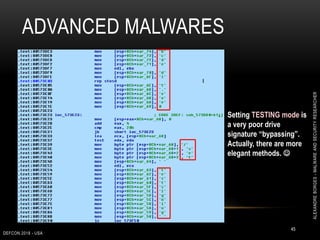 ADVANCED MALWARES
DEFCON 2018 - USA
45
Setting TESTING mode is
a very poor drive
signature “bypassing”.
Actually, there are more
elegant methods. 
ALEXANDREBORGES-MALWAREANDSECURITYRESEARCHER
 