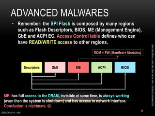 ADVANCED MALWARES
DEFCON 2018 - USA
53
• Remember: the SPI Flash is composed by many regions
such as Flash Descriptors, BIOS, ME (Management Engine),
GbE and ACPI EC. Access Control table defines who can
have READ/WRITE access to other regions.
Descriptors GbE ME ACPI BIOS
ME: has full access to the DRAM, invisible at same time, is always working
(even then the system is shutdown) and has access to network interface.
Conclusion: a nightmare. 
ROM + FW (Manifest+ Modules)
ALEXANDREBORGES-MALWAREANDSECURITYRESEARCHER
 