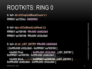 ROOTKITS: RING 0
DEFCON 2018 - USA 9
0: kd> dd nt!CmpCallBackCount L1
fffff801`aa733fcc 00000002
0: kd> dps nt!CallbackListHead L2
fffff801`aa769190 ffffc000`c8d62db0
fffff801`aa769198 ffffc000`c932c8b0
0: kd> dt nt!_LIST_ENTRY ffffc000`c8d62db0
[ 0xffffc000`c932c8b0 - 0xfffff801`aa769190 ]
+0x000 Flink : 0xffffc000`c932c8b0 _LIST_ENTRY [
0xfffff801`aa769190 - 0xffffc000`c8d62db0 ]
+0x008 Blink : 0xfffff801`aa769190 _LIST_ENTRY [
0xffffc000`c8d62db0 - 0xffffc000`c932c8b0 ]
ALEXANDREBORGES-MALWAREANDSECURITYRESEARCHER
 
