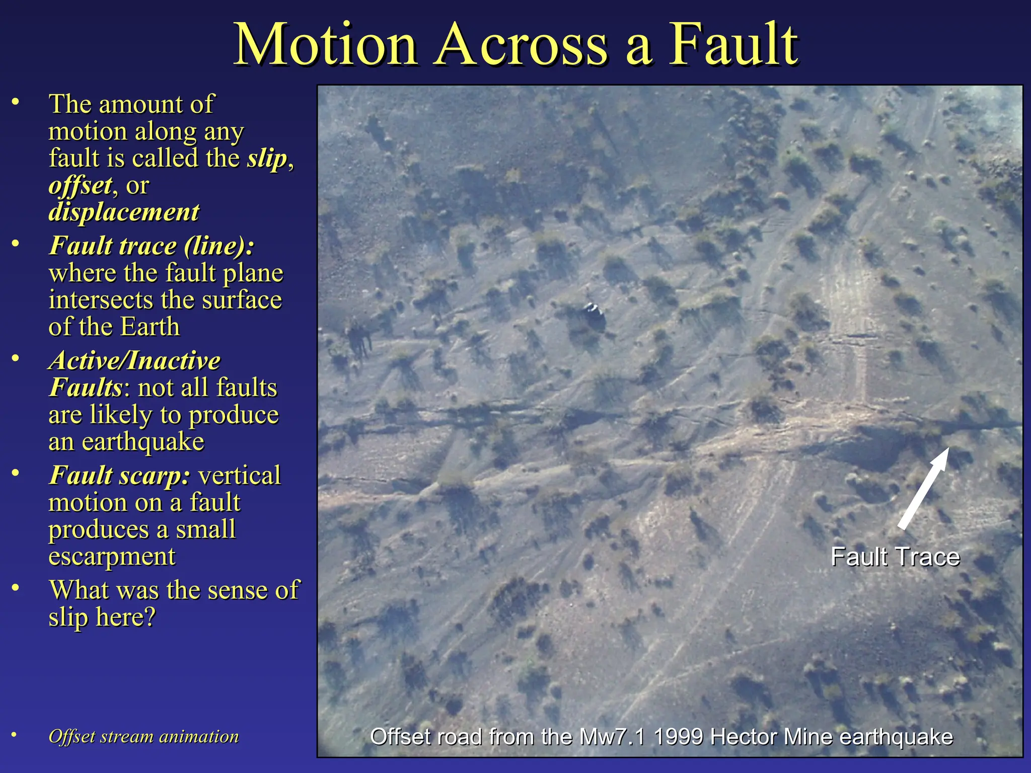 Motion Across a Fault
Motion Across a Fault
• The amount of
The amount of
motion along any
motion along any
fault is called the
fault is called the slip
slip,
,
offset
offset, or
, or
displacement
displacement
• Fault trace (line):
Fault trace (line):
where the fault plane
where the fault plane
intersects the surface
intersects the surface
of the Earth
of the Earth
• Active/Inactive
Active/Inactive
Faults
Faults: not all faults
: not all faults
are likely to produce
are likely to produce
an earthquake
an earthquake
• Fault scarp:
Fault scarp: vertical
vertical
motion on a fault
motion on a fault
produces a small
produces a small
escarpment
escarpment
• What was the sense of
What was the sense of
slip here?
slip here?
• Offset stream animation
Offset stream animation
Fault Trace
Fault Trace
Offset road from the Mw7.1 1999 Hector Mine earthquake
Offset road from the Mw7.1 1999 Hector Mine earthquake
 