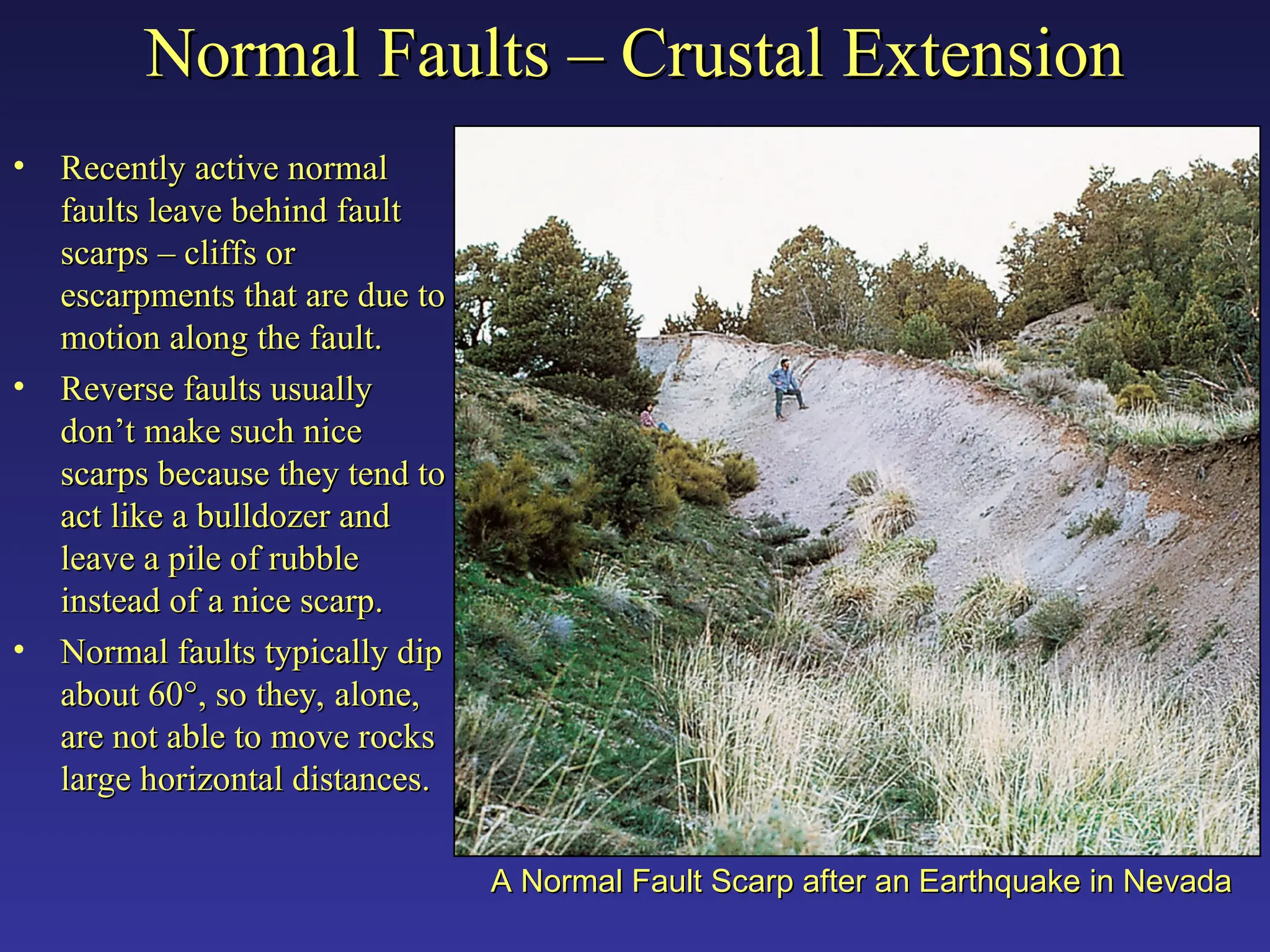 Normal Faults – Crustal Extension
Normal Faults – Crustal Extension
• Recently active normal
Recently active normal
faults leave behind fault
faults leave behind fault
scarps – cliffs or
scarps – cliffs or
escarpments that are due to
escarpments that are due to
motion along the fault.
motion along the fault.
• Reverse faults usually
Reverse faults usually
don’t make such nice
don’t make such nice
scarps because they tend to
scarps because they tend to
act like a bulldozer and
act like a bulldozer and
leave a pile of rubble
leave a pile of rubble
instead of a nice scarp.
instead of a nice scarp.
• Normal faults typically dip
Normal faults typically dip
about 60
about 60°
°, so they, alone,
, so they, alone,
are not able to move rocks
are not able to move rocks
large horizontal distances.
large horizontal distances.
A Normal Fault Scarp after an Earthquake in Nevada
A Normal Fault Scarp after an Earthquake in Nevada
 