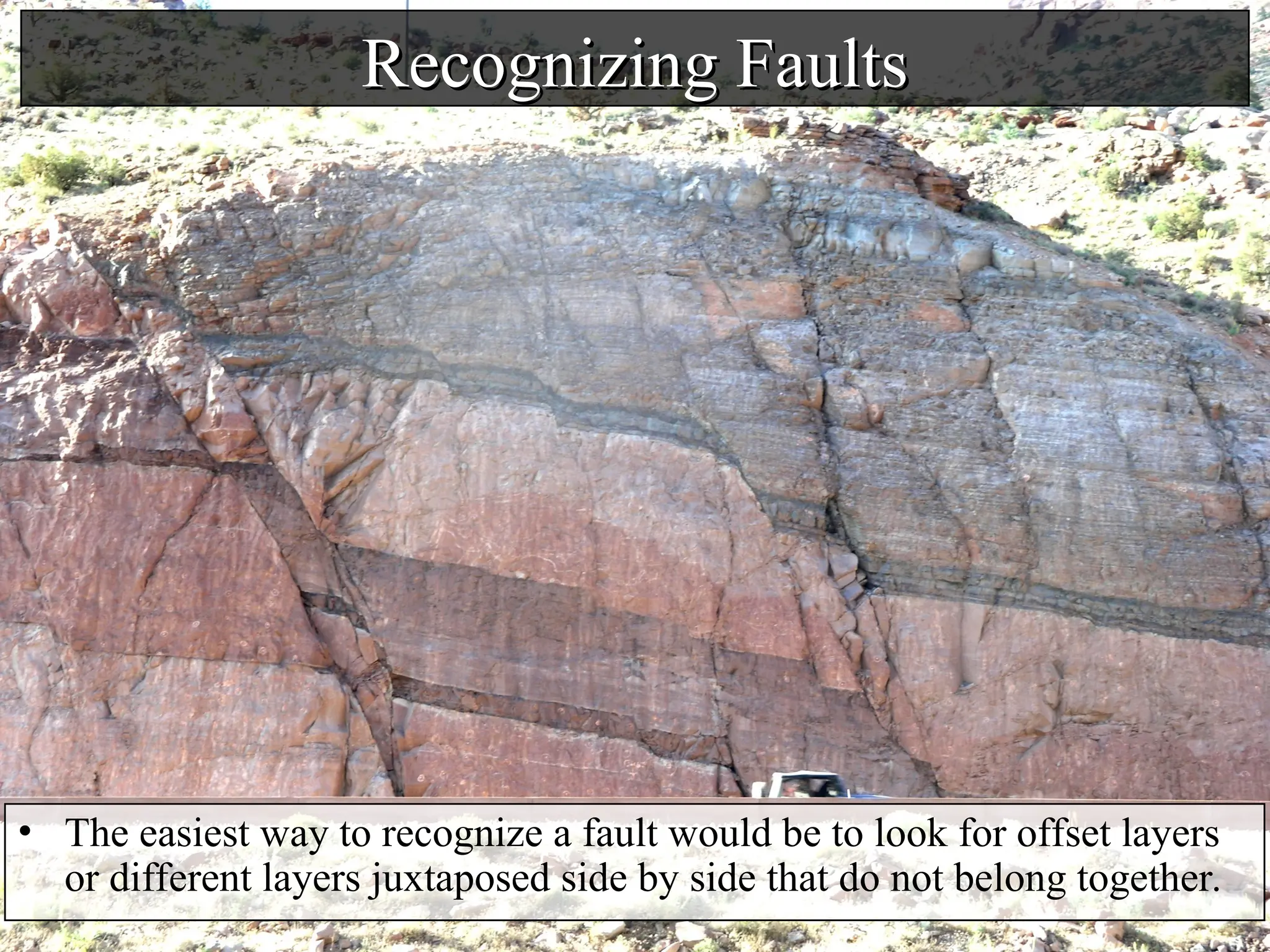Recognizing Faults
Recognizing Faults
• The easiest way to recognize a fault would be to look for offset layers
or different layers juxtaposed side by side that do not belong together.
 