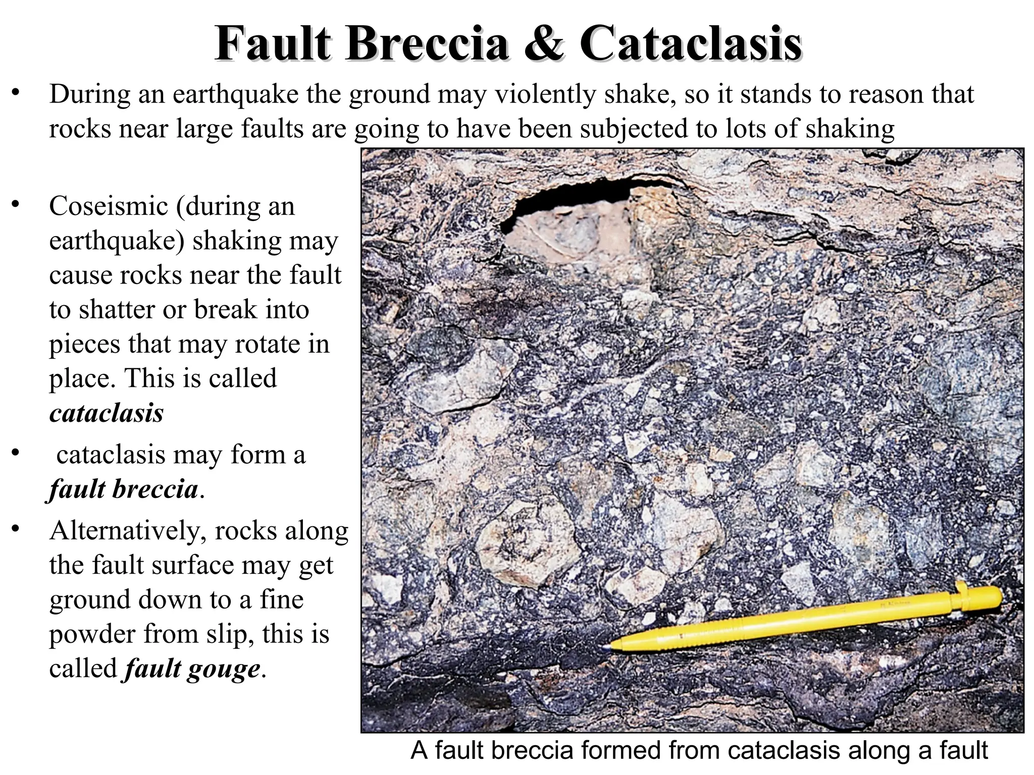 Fault Breccia & Cataclasis
Fault Breccia & Cataclasis
• During an earthquake the ground may violently shake, so it stands to reason that
rocks near large faults are going to have been subjected to lots of shaking
• Coseismic (during an
earthquake) shaking may
cause rocks near the fault
to shatter or break into
pieces that may rotate in
place. This is called
cataclasis
• cataclasis may form a
fault breccia.
• Alternatively, rocks along
the fault surface may get
ground down to a fine
powder from slip, this is
called fault gouge.
A fault breccia formed from cataclasis along a fault
 