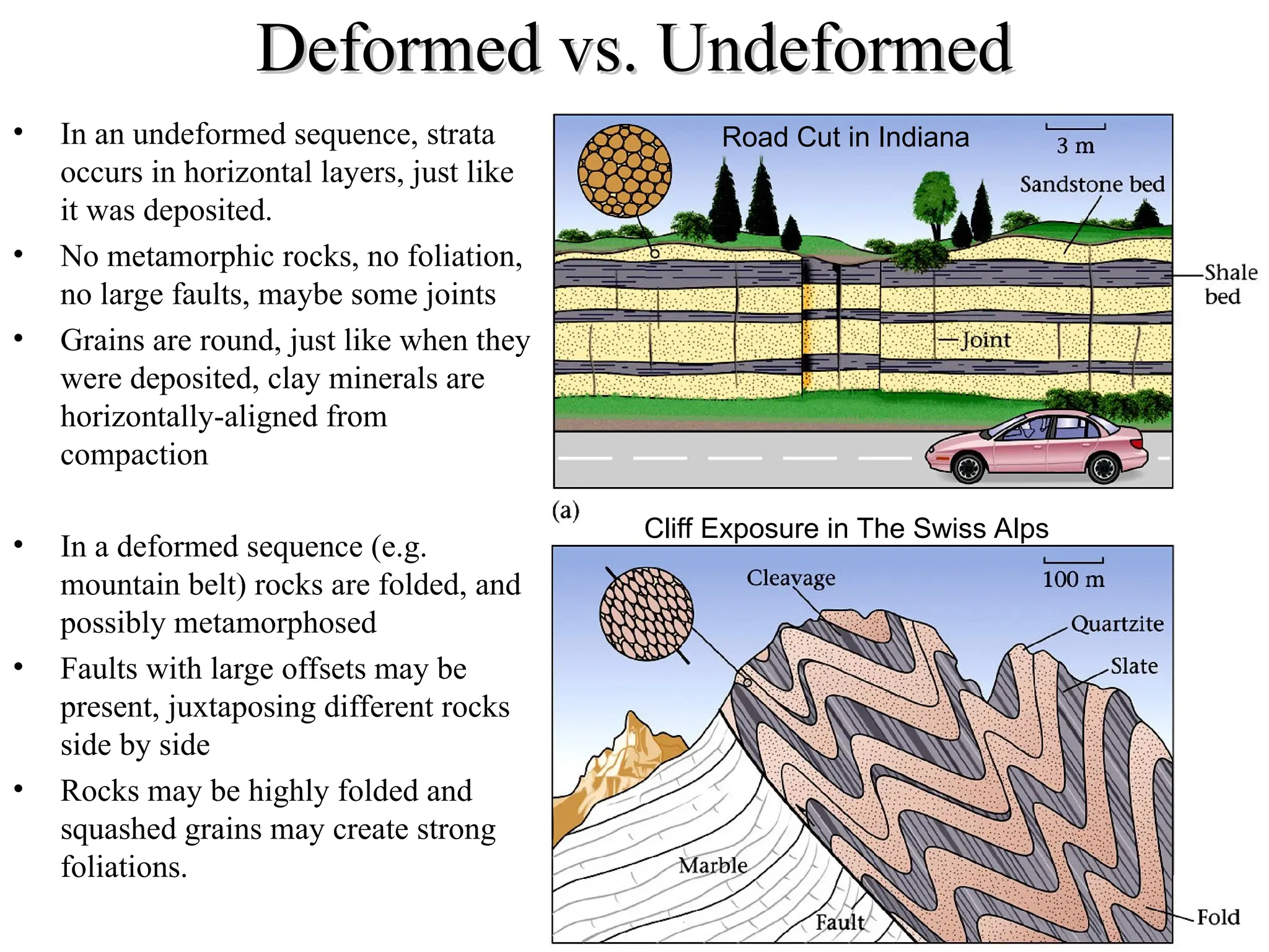 Deformed vs. Undeformed
Deformed vs. Undeformed
• In an undeformed sequence, strata
occurs in horizontal layers, just like
it was deposited.
• No metamorphic rocks, no foliation,
no large faults, maybe some joints
• Grains are round, just like when they
were deposited, clay minerals are
horizontally-aligned from
compaction
• In a deformed sequence (e.g.
mountain belt) rocks are folded, and
possibly metamorphosed
• Faults with large offsets may be
present, juxtaposing different rocks
side by side
• Rocks may be highly folded and
squashed grains may create strong
foliations.
Road Cut in Indiana
Cliff Exposure in The Swiss Alps
 