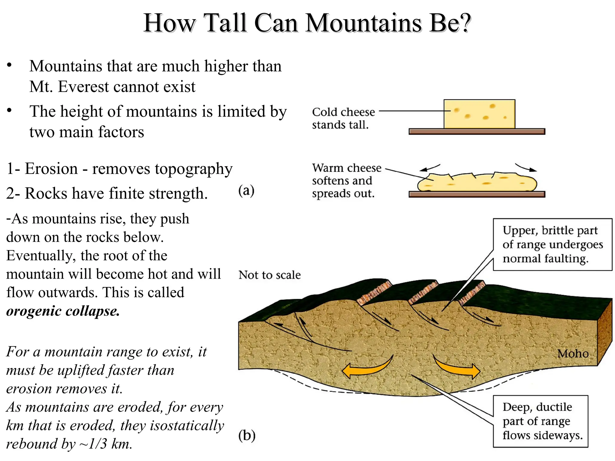 How Tall Can Mountains Be?
How Tall Can Mountains Be?
• Mountains that are much higher than
Mt. Everest cannot exist
• The height of mountains is limited by
two main factors
1- Erosion - removes topography
2- Rocks have finite strength.
-As mountains rise, they push
down on the rocks below.
Eventually, the root of the
mountain will become hot and will
flow outwards. This is called
orogenic collapse.
For a mountain range to exist, it
must be uplifted faster than
erosion removes it.
As mountains are eroded, for every
km that is eroded, they isostatically
rebound by ~1/3 km.
 