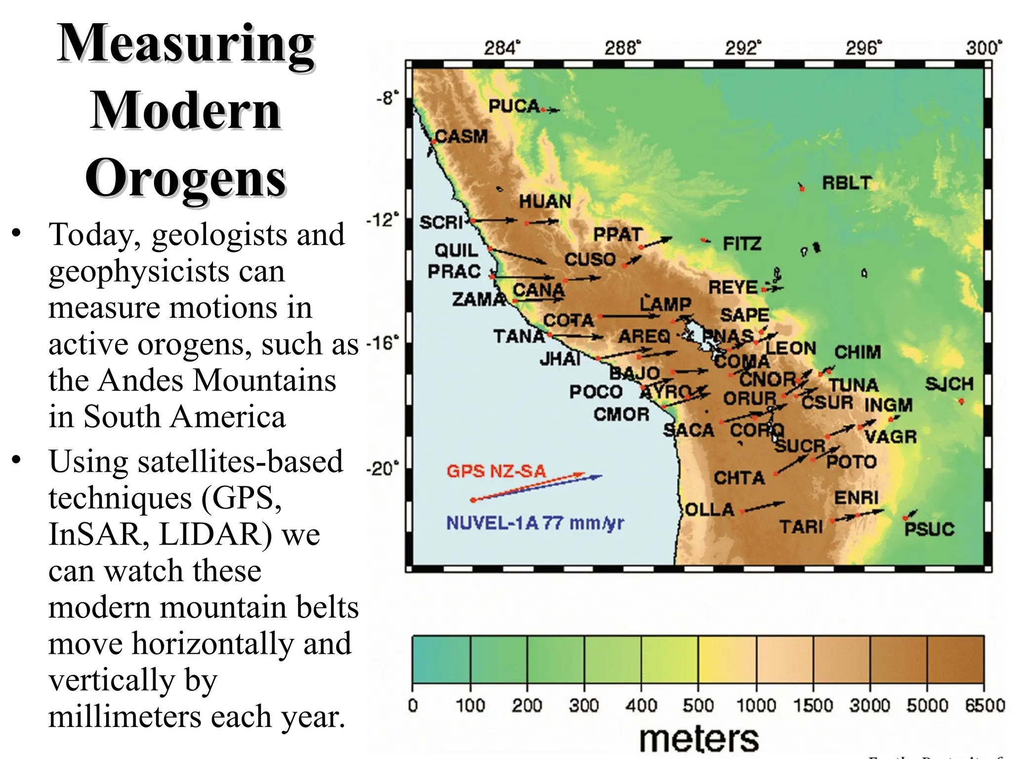 Measuring
Measuring
Modern
Modern
Orogens
Orogens
• Today, geologists and
geophysicists can
measure motions in
active orogens, such as
the Andes Mountains
in South America
• Using satellites-based
techniques (GPS,
InSAR, LIDAR) we
can watch these
modern mountain belts
move horizontally and
vertically by
millimeters each year.
 