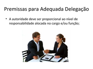 Premissas para Adequada Delegação
• A autoridade deve ser proporcional ao nível de
  responsabilidade alocada no cargo e/ou função;
 