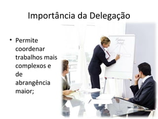 Importância da Delegação

• Permite
  coordenar
  trabalhos mais
  complexos e
  de
  abrangência
  maior;
 