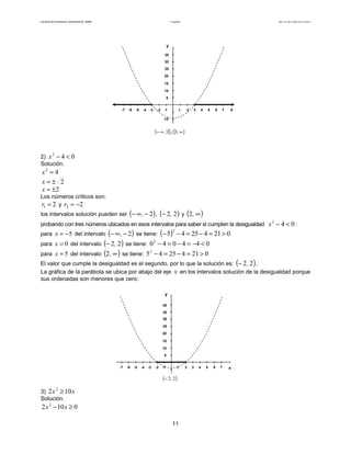 Facultad de Contaduría y Administración. UNAM Desigualdades Autor: Dr. José Manuel Becerra Espinosa
11
x1 432 5-1-2-3-4-5
5
25
35
y
20
15
10
30
6 7-6-7
-10
( ] [ )∞∞− ,, 33 ∪
2) 042
<−x
Solución.
42
=x
2±=x
2±=x
Los números críticos son:
21 =r y 22 −=r
los intervalos solución pueden ser ( )2−∞− , , ( )22,− y ( )∞,2
probando con tres números ubicados en esos intervalos para saber si cumplen la desigualdad 042
<−x :
para 5−=x del intervalo ( )2−∞− , se tiene: ( ) 02142545
2
>=−=−−
para 0=x del intervalo ( )22,− se tiene: 0440402
<−=−=−
para 5=x del intervalo ( )∞,2 se tiene: 021425452
>=−=−
El valor que cumple la desigualdad es el segundo, por lo que la solución es: ( )22,− .
La gráfica de la parábola se ubica por abajo del eje x en los intervalos solución de la desigualdad porque
sus ordenadas son menores que cero:
x1 432 5-1-2-3-4-5
5
25
35
40
y
20
15
10
30
6 7-6-7
( )22,−
3) xx 102 2
≥
Solución.
0102 2
≥− xx
 