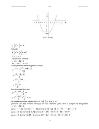 Facultad de Contaduría y Administración. UNAM Desigualdades Autor: Dr. José Manuel Becerra Espinosa
15
x1 432 5-1-2-3-4-5
-10
y
5
10
15
6 7-6-7
-30
-25
-15
-20
( ] [ )∞−∞− ,, 35 ∪
7) 4
3
1
6
1 2
<+ xx
Solución.
( )46
3
1
6
1
6 2
<





+ xx
2422
<+ xx
Trasponiendo términos:
02422
<−+ xx
2421 −=== c,b,a
Sustituyendo en la fórmula general se tiene:
( ) ( )( )
( )12
241422
2
−−±−
=x
2
9642 +±−
=
2
1002 ±−
=
2
102±−
=
Los números críticos son:
4
2
8
2
102
1 ==
+−
=r
6
2
12
2
102
2 −=
−
=
−−
=r
los intervalos solución pueden ser ( )6−∞− , , ( )46,− y ( )∞,4
probando con tres números ubicados en esos intervalos para saber si cumplen la desigualdad
02422
<−+ xx :
para 7−=x del intervalo ( )6−∞− , se tiene: ( ) ( ) 01124144924727
2
>=−−=−−+−
para 0=x del intervalo ( )46,− se tiene: ( ) 0242400240202
<−=−−=−+
para 5=x del intervalo ( )∞,4 se tiene: ( ) ( ) 01124102524525
2
>=−+=−+
 