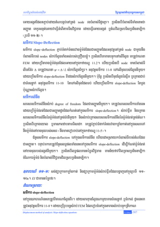 mhaviTüal½ysMNg;sIuvil                                                 viTüasßanCatiBhubec©keTskm<úCa

eGayGgát;EdltP¢ab;edaytMNbgáb;enARtg; node rgbMlas;TIdUcKña. RbsinebIbMlas;TITaMgenaHCa
GBaØat eKKYrsnμt;eGayvaeFVIGMeBItamTisviC¢man edayeFVIeGayGgát; b¤tMNvilRsbTisRTnicnaLika
¬rUbTI 11-2¦.
smIkar Slope-Deflection
smIkar slope-deflection P¢ab;TMnak;TMngrvagm:Um:g;EdlCaGBaØatEdlGnuvtþenARtg; node CamYynwg
bMlas;TIrbs; nodes sMrab;ElVgTaMgGs;rbs;eRKOgbgÁúM. RbsinebIeKmanbnÞúkenAelIElVg eKRtUvKNna
FEM edayeRbItaragm:Um:g;cugEdleGayenAkñúgkfaxNÐ 11.2. ehIyRbsinebI node manbMlas;TI

lIenEG‘r Δ eKRtUvKNna ψ = Δ / L sMrab;ElVgEk,r. GnuvtþsmIkar 11-8 eTAelIcugrbs;ElVgnImYy²
edayeRbIsmIkar slope-deflection BIrdgsMrab;ElVgnImYy². b:uEnþ RbsinebIcugElVgénFñwm b¤eRKagCab;
CaTMrsnøak; GnuvtþsmIkar 11-10 EteTAelIcugEdlTb; ehIyeRbIsmIkar slope-deflection Etmþg
b:ueNÑaHsMrab;ElVg.
smIkarlMnwg
sresrsmIkarlMnwgsMrab; degree of freedom EdlCaGBaØatnImYy². eKRtUvsresrsmIkarTaMgenH
edayeRbIm:Um:g;Bt;EdlCaGBaØatdUcEdlkMNt;enAkñúgsmIkar slope-deflection. sMrab;Fñwm nigeRKag
sresrsmIkarlMnwgénm:Um:g;enARtg;TMrnImYy² nigsMrab;eRKagsresrsmIkarlMnwgénm:Um:g;Bt;Rtg;tMN.
RbsinebIeRKageyal b¤manPaBdabtamTisedk eKRtUvP¢ab;TMnak;TMngrvagkmøaMgkat;enAkñúgssreTA
nwgm:Um:g;enAxagcugrbs;ssr ¬nwgmanerobrab;enAkñúgkfaxNÐ 11-5¦.
         CMnYssmIkar slope-deflection eTAkñúgsmIkarlMnwg ehIyedaHRsayrkbMlas;TIrbs;tMNEdl
CaGBaØat. bnÞab;mkeKRtUvCMnYslT§plTaMgenHeTAkñúgsmIkar slope-deflection edIm,IkMNt;m:Um:g;Bt;
enAxagcugrbs;Ggát;nImYy². RbsinebIlT§plmantémøGviC¢man mann½yfavavilRcasRTnicnaLika
cMENkÉm:Um:g; nigbMlas;TIviC¢manvilRsbRTnicnaLika.

]TarhN_ 11-1³ sg;düaRkamkmøaMgkat; nigdüaRkamm:Um:gsMrab;FñwmEdlbgðajenAkñúgrUbTI 11-
                                                   ;
10a. EI Camantémøefr.
dMeNaHRsay³
smIkar slope-deflection
enAkñúg]TahrN_enHeKRtUvBicarNaElVgBIr. edaysarKμanElVgNamYymanTMrsnøak; b¤TMrkl; dUcenHeK
RtUvGnuvtþsmIkar 11-8. edayeRbIrUbmnþsMrab; FEM EdlerobcMenAkñúgtaragsMrab;bnÞúkRtIekaN
Displacement method of analysis: Slope-deflection equations                     T.Chhay   -387
 