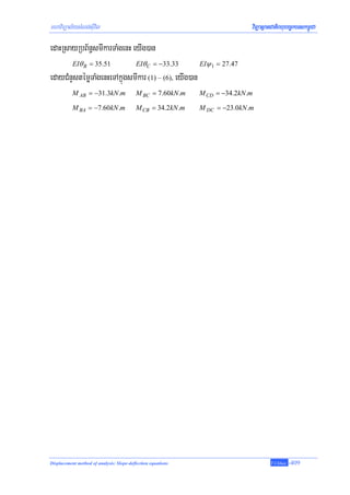 mhaviTüal½ysMNg;sIuvil                                                        viTüasßanCatiBhubec©keTskm<úCa

edaHRsayRbB½n§smIkarTaMgenH eyIg)an
           EIθ B = 35.51                  EIθ C = −33.33      EIψ 1 = 27.47
edayCMnYstémøTaMgenHeTAkñúgsmIkar (1) – (6), eyIg)an
           M AB = −31.3kN .m              M BC = 7.60kN .m    M CD = −34.2kN .m

           M BA = −7.60kN .m              M CB = 34.2kN .m    M DC = −23.0kN .m




Displacement method of analysis: Slope-deflection equations                            T.Chhay   -409
 