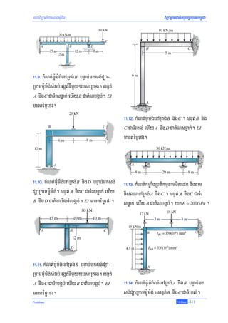 mhaviTüal½ysMNg;sIuvil                                                  viTüasßanCatiBhubec©keTskm<úCa




!!>(> kMNt;m:Um:g;enARtg; B bnÞab;mksg;düa-
Rkamm:Um:g;sMrab;Ggát;nImYy²rbs;eRKag. snμt;
 A nig C CaTMrsnøak; ehIy B CatMNbgáb;. EI

mantémøefr.
                                                 !!>!@> kMNt;m:Um:g;enARtg; B nig C . snμt; B nig
                                                 C CaTMrkl; ehIy A nig D CatMNsnøak;. EI

                                                 mantémøefr.




!!>!0> kMNt;m:Um:g;enARtg; B nig D bnÞab;mksg;   !!>!#> kMNt;kmøaMgRbtikmμtamTisedk nigtam
düaRkamm:Um:g;. snμt; A nig C CaTMrsnøak; ehIy   TisQrenARtg; A nig C . snμt; A nig C CaTMr
B nig D CatMN nigTMrbgáb;. EI mantémøefr.
                                                 snøak; ehIy B CatMNbgáb;. yk E = 200GPa .




!!>!!> kMNt;m:Um:g;enARtg; B bnÞab;mksg;düa-
Rkamm:Um:g;sMrab;Ggát;nImYy²rbs;eRKag. snμt;
 A nig C CaTMrbgáb; ehIy B CatMNbgáb;. EI        !!>!$> kMNt;m:Um:g;Bt;enARtg; A nig B bnÞab;mk
mantémøefr.                                      sg;düaRkamm:Um:g;. snμt; B nig C CaTMrkl;.
Problems                                                                         T.Chhay   -411
 