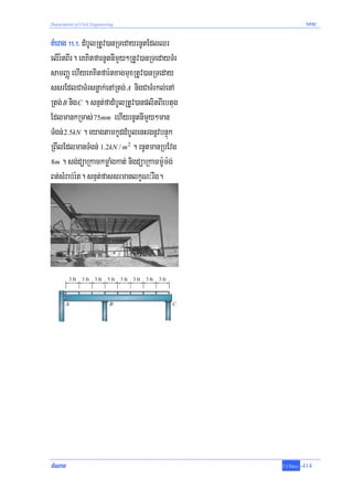 Department of Civil Engineering                            NPIC



KMerag !!>!> dMbUlRtUv)anRTedayrnUtEdlQr
elIr:tBIr. eKKitfarnUtnImYy²RtUv)anRTedayTMr
samBaØ ehIyeKKitfar:txagmuxRtUv)anRTeday
ssrEdlCaTMrsnøak;enARtg; A nigCaTMrkl;enA
Rtg; B nig C . snμt;fadMbUlRtUv)anplitBIebtug
EdlmankRmas; 75mm ehIyrnUtnImYy²man
TMgn; 2.5kN . eyagtamkUddMbUlenHrgnUvbnÞúk
RBwlEdlmanTMgn; 1.2kN / m2 . rnUtmanRbEvg
8m . sg;düaRkamkmøaMgkat; nigdüaRkamm:Um:g;

Bt;sMrab;r:t. snμt;fassrmanlkçN³rwg.




cMeNaT                                          T.Chhay   -414
 