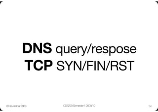DNS query/respose"
            TCP SYN/FIN/RST

6 November 2009
   CS5229 Semester 1 2009/10
   14
 