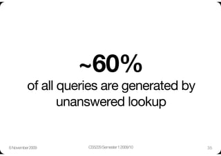 ~60%"
          of all queries are generated by
                 unanswered lookup


6 November 2009
     CS5229 Semester 1 2009/10
   35
 