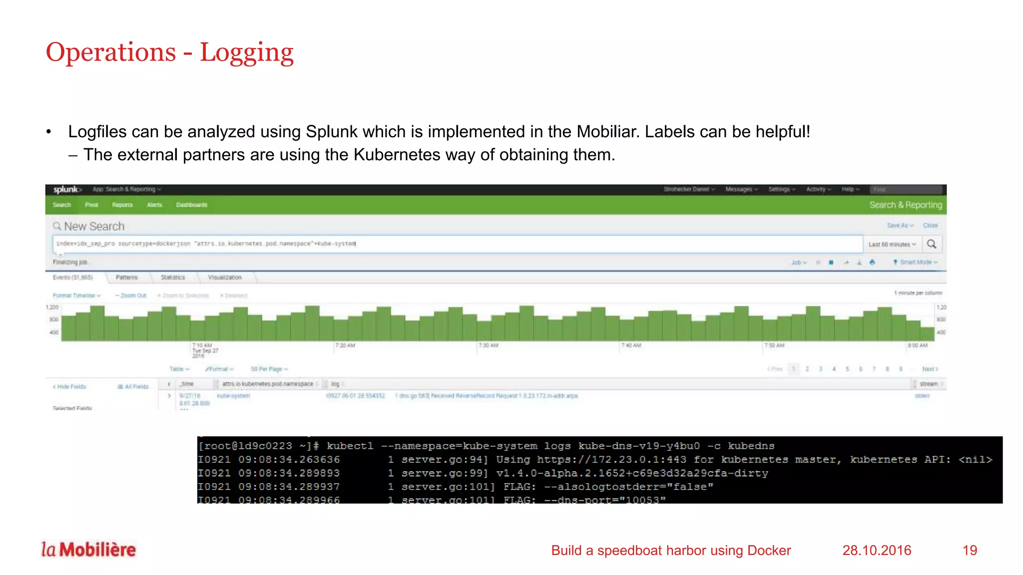 Operations - Logging
• Logfiles can be analyzed using Splunk which is implemented in the Mobiliar. Labels can be helpful!
 The external partners are using the Kubernetes way of obtaining them.
28.10.2016Build a speedboat harbor using Docker 19
 