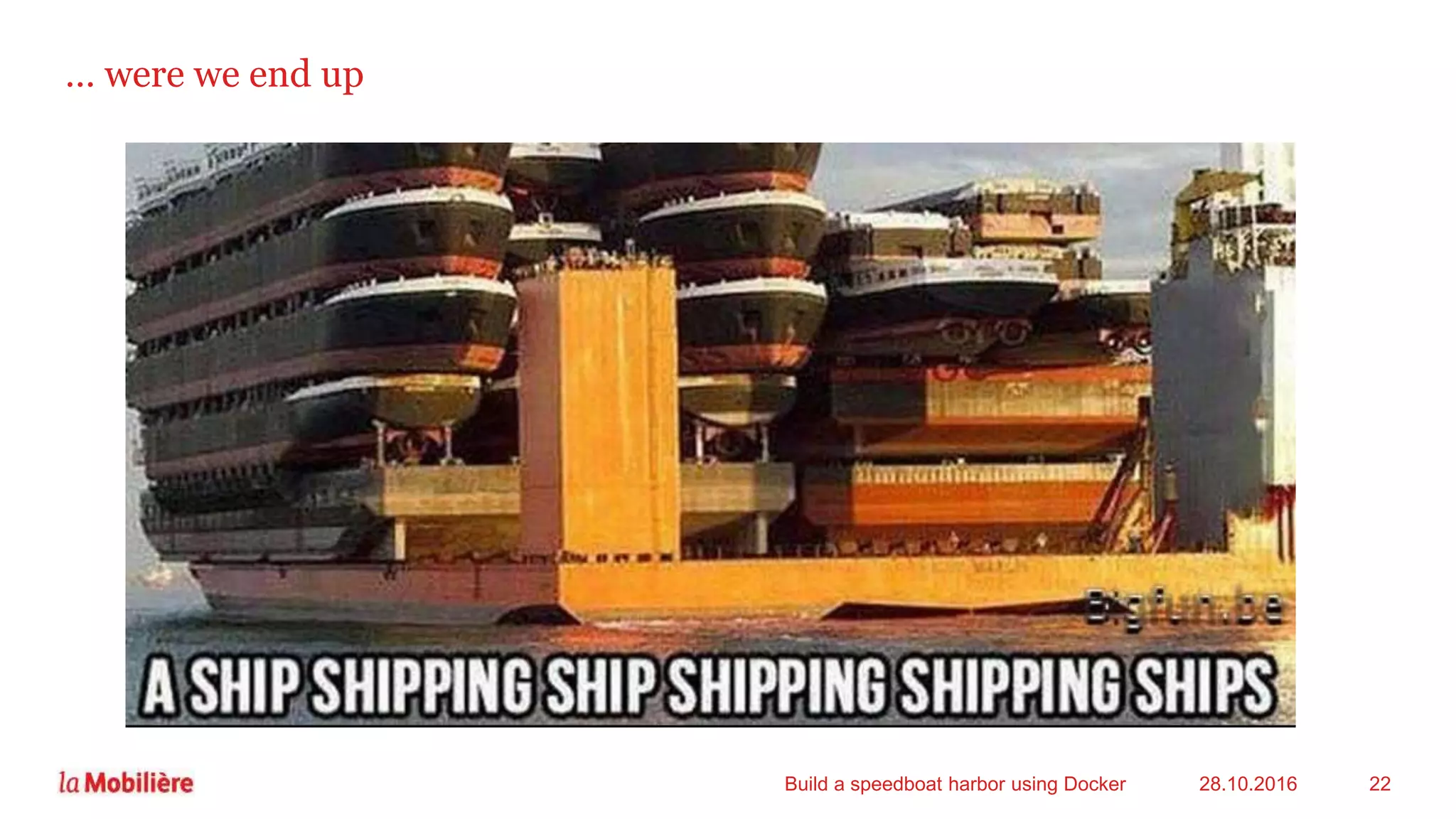 … were we end up
28.10.2016Build a speedboat harbor using Docker 22
 