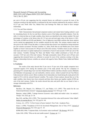 Research Journal of Finance and Accounting                                                www.iiste.org
ISSN 2222-1697 (Paper) ISSN 2222-2847 (Online)
Vol 2, No 12, 2011

per cent to 96 per cent suggesting that the extracted factors are sufficient to account for most of the
variations existing in the data and this is confirmed by the total variation explained by the analysis, which is
83.217 per cent. Profit After Tax, Market Price and Earnings Per Share are found to have stronger
relationship.
5.5.4. Two and Three wheelers
           Table 9 demonstrates that principal component analysis and rotated factor loading method is used
for stimulating factors for the two and three wheelers sector of the Indian automobile industry. From the
table, it is observed that out of eight variables, three factors are identified by the rotation method. The total
percentages of variation in the factors show 68. 513 per cent and total eigen value of the factors is 5.481.
The results of KMO test (0.638) and Bartlett’s Test of Sphericity (sig.0.000) confirms that factor analysis
can be carried out appropriately for the variables selected for the study. The varimax rotation results are
also given in the Table 9 From the table, it is observed that three factors were identified as being maximum
per cent variance accounted. The three variables viz., Sales, Profit after tax and Market price were cluster
together as Factor I and accounts 38. 398 per cent of the total variance. Variables return on sales, return on
total assets and return on capital employed are constituted as Factor II and accounts 16.847 per cent of the
total variance. Variables Earnings Per Share and Market Value Added constituted as Factor III and
accounts 13.267 per cent of the total variance. The high communality values (49 per cent to 89 per cent)
suggesting that extracted factors are sufficient to account for most of the variations existing in the data.
Stronger relationships between variables are noticed with regard to Sales, Market Value Added and Market
Price.
6. Conclusion
         The results of the study showed that 53 per cent to 76 per cent of the sample companies have
registered negative EVA during the terminal years of the study period. The top five companies in
generating EVA include Bajaj Auto Ltd, Hero Honda Motors Ltd(two and three wheelers sector), Mahindra
and Mahindra Ltd (passenger cars and multiutility vehicles sector), Ashok Leyland Ltd and Tata Motors
Ltd(commercial vehicles sector). Below moderate level relationship was found during the study period with
regard to EVA with the selected financial variables. The results of factor analysis showed that out of the
eight variables, three factors have been extracted and these three factors put together explain 69.902 per
cent of the total variance. Further, the results showed that sales and profit after tax are found to have a
stronger relationship with EVA.
References
    Bacidore, J.M., Boquist, J.A., Milboum, T.T., and Thakor, A.V. (1997). "The search for the vest
    financial performance measure". Financial Analysis Journal, Vol. 53(3), pp. 11-20.
    Banerjee, Ashok (2000). "Linkage between Economic value added and market value: An analysis",
    Vikalpa, Vol. 25(3), pp. 23 -36.
    Bao, B.H., and Bao, D.H. (1999). "The Association between Firm value and Economic Value Added",
    Indian Accounting Review, Vol. 3(2), pp.161 -64.
    Comrey, A.L. (1973). "A First Course in Factor Analysis", New York : Academic Press.
    Grant, J. (1996). "Foundation of EVA for Investment Management; Just in Time, EVA", Journal of
    Financial Management. Vol. 23(1), pp. 41 - 45.
    KPMG-BS (1998). "Corporate India: An Economic value scoreboard". The Strategy. PP.22-25.
    Luber, R.B. (1996). "Who are the real wealth creators", Fortune, pp. 2 -3.

                                                      31
 