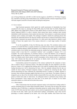 Research Journal of Finance and Accounting                                                www.iiste.org
ISSN 2222-1697 (Paper) ISSN 2222-2847 (Online)
Vol 2, No 12, 2011

case of Swaraj Mazda Ltd, with MVA in LML Ltd (but negative), with ROTA in TVS Motor Company
Ltd, with ROTA and EPS in Hero Honda Motors Ltd, with ROS and EPS in Kinetic Engineering Ltd and
with sales (negative) and EPS in Scooters India Ltd during the study period.


5.5. Factor Analysis
         Eight functional parameters which signify the wealth maximisation of shareholders have been
considered for the study viz., Earnings Per Share (EPS), Sales (S), Profit After Tax (PAT), Market Price
(MP), Market Value Added (MVA), Return on Sales (ROS), Return on Total Assets (RTA) and Return on
Capital Employed (ROCE). In order to disclose which among these factors contribute much towards
shareholders wealth maximisation, factor analysis has been done. Factor analysis is a multivariate statistical
technique used to condense and simplify. This technique is helpful to identify the underlying factors that
determine the relationship between the observed variables and provides an empirical classification scheme
of clustering of statements into groups called factors. It is often used in data reduction to identify a small
number of factors that explain most of the variance observed in a much larger number of manifest
variables.
          To test the acceptability of data, the following steps were taken. The correlation matrices were
computed. It revealed that there is enough correlation to go ahead for factor analysis. Kaiser-Meyer-Olkin
measure of sampling adequacy (KMO) and Bartlett’s test of sphericity have been applied, to the resultant
correlation matrix to test whether the relationship among the variables has been significant or not. A KMO
measure which is more than 0.6 is considered ‘mediocre’ and is acceptable. A measure <0.5 is not
acceptable. The overall significance of correlation matrices is tested with Bartlett’s Test of Sphericity
providing support for the validity of the factor analysis of the data set. It also tests whether the correlation
matrix is an identity matrix (factor analysis would be meaningless with an identity matrix). A significance
value <0.05 indicates that these data do not produce an identity matrix and are thus approximately
multivariate normal and acceptable for factor analysis.
         Communalities represent the proportion of the variance explained by the component or factor.
This is similar to the R2 in regression analysis. The higher the loading, the more important is the factor.
However, Comrey (1973) suggested that anything above 0.44 could be considered salient, with increased
loading becoming more vital in determining the factor. After the standards indicated that the data are
suitable for factor analysis, Principal Component Analysis is employed for extracting the data, which
allowed determining the factor underlying the relationship between a numbers of variables. Rotation is
necessary when extraction technique suggests that there are two or more factors. The rotation of factors is
designed to give an idea of how the factors initially extracted differ from each other and to provide a clear
picture of which items loads on which factor. An orthogonal rotation is performed using Varimax with
Kaiser Normalisation. Factor analysis has been done in the present part of analysis for the Indian
automobile industry as a whole and for the entire three sectors.
5.5.1. Whole Industry
          Table 6 demonstrates that the principal component analysis and rotated factor loading method is
used for stimulating factor for whole Indian automobile industry. The result of the test shows that with the
significant value of 0.000 there is significant relationship among the variable chosen. KMO test yields a
result of 0.709 which state that factor analysis can be carried out appropriately for the eight variables that
are taken for the study. Table 6 gives the rotated factor loadings, communalities, eigen values and the
percentage of variance explained by the factors. Out of the eight variables, three factors have been


                                                      29
 