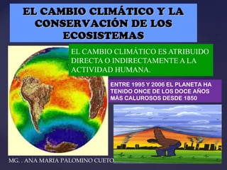 {{
EL CAMBIO CLIMÁTICO Y LAEL CAMBIO CLIMÁTICO Y LA
CONSERVACIÓN DE LOSCONSERVACIÓN DE LOS
ECOSISTEMASECOSISTEMAS
EL CAMBIO CLIMÁTICO ES ATRIBUIDO
DIRECTA O INDIRECTAMENTE A LA
ACTIVIDAD HUMANA.
ENTRE 1995 Y 2006 EL PLANETA HA
TENIDO ONCE DE LOS DOCE AÑOS
MÁS CALUROSOS DESDE 1850
MG. . ANA MARIA PALOMINO CUETO
 