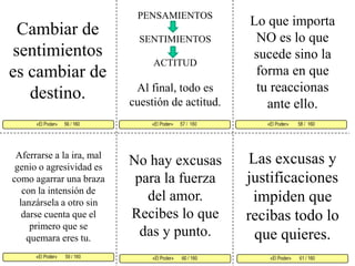 PENSAMIENTOSSENTIMIENTOSACTITUDAl final, todo es cuestión de actitud. Lo que importa NO es lo que sucede sino la forma en que tu reaccionas ante ello. Cambiar de sentimientos es cambiar de destino. «El Poder»      57 /  160  «El Poder»        58 /  160     «El Poder»       59 / 160  «El Poder»       61 / 160 «El Poder»       60 / 160 «El Poder»      56 / 160     Las excusas y justificaciones impiden que recibas todo lo que quieres.Aferrarse a la ira, mal genio o agresividad es como agarrar una braza con la intensión de lanzársela a otro sin darse cuenta que el primero que se quemara eres tu. No hay excusas para la fuerza del amor. Recibes lo que das y punto. 