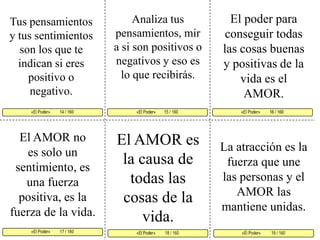 El poder para conseguir todas las cosas buenas y positivas de la vida es el AMOR. Analiza tus pensamientos, mira si son positivos o negativos y eso es lo que recibirás. Tus pensamientos y tus sentimientos son los que te indican si eres positivo o negativo. «El Poder»        15 / 160   «El Poder»         16 / 160      «El Poder»         17 / 160  «El Poder»          19 / 160 «El Poder»         18 / 160 «El Poder»         14 / 160     El AMOR no es solo un sentimiento, es una fuerza positiva, es la fuerza de la vida. El AMOR es la causa de todas las cosas de la vida. La atracción es la fuerza que une las personas y el AMOR las mantiene unidas.