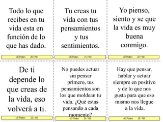 Yo pienso, siento y se que la vida es muy buena conmigo. Todo lo que recibes en tu vida esta en función de lo que has dado. Tu creas tu vida con tus pensamientosy tus sentimientos. «El Poder»           21 / 160   «El Poder»         22 / 160      «El Poder»          23 / 160  «El Poder»         25 / 160 «El Poder»         24 / 160 «El Poder»         20 / 160     De ti depende lo que creas de la vida, eso volverá a ti. No puedes actuar sin pensar primero, tus pensamientos son los que moldean tu vida. ¿Qué estas pensando a cada momento?Hay que pensar, hablar y actuar siempre en positivo y de lo que nos gusta para que eso mismo nos lleguea la vida.