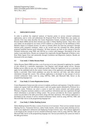 Industrial Engineering Letters                                                                 www.iiste.org
ISSN 2224-6096 (print) ISSN 2225-0581 (online)
Vol 2, No.1, 2012



      GSC 15   Integration Services       Whether the application needs      Newly added
                                          other services to be integrated    Characteristics
                                          to perform its functions




4.        IMPLEMENTATION

In order to perform the empirical analysis of function points in service oriented architecture
applications, and to verify and authenticate the Proposed Work Flow Model three case studies are
selected. First Case study describes the Course Registration System, secondly describes the Online
Resume Bank (ORB) and the third selected case study is Online Banking System. These above cited
case studies are developed by two teams of ICIT students as a final project for the fulfillment of their
Bachelor degree in Computer Science. In order to estimate efforts one team has estimated it through
function point estimation technique, where as the second team has estimated the efforts through
proposed modified function point estimation. All these projects are built on the concept of Service
Oriented Architecture using XML and ASP.Net as a source code languages. Description of the case
studies is provided below. Results are evaluated first empirically through Magnitude of Relative error,
Root Mean Square Error and statistically through Correlation and Regression Analysis. Results are
discussed in the next chapter.

4.1       Case study 1: Online Resume Bank

Online Resume Bank (ORB) provides a set of services to its users interested in applying for a number
of jobs offered by a particular organization. User Register itself through signup service. Resume
Builder service offers an easy way to build user profile, Online Job Application service is provided to
apply for the published jobs by the system. Current status of the application and application tracking
facility is provided. Short listed candidates can print the interview call letter, and other relevant
information through this system. This software application is developed on the concept of service
oriented architecture frame work by using ASP.Net, XML and Microsoft SQL Server as the
programming language tool.

4.2       Case Study 2: Course Registration System

Course Registration System provides services to students, professors and registrars. Using this system a
student can register itself into different course’s and view grades reports submitted by Professor for a
particular course. Professor can select a course to teach for current semester and submit grades.
Whereas a Registrar maintains student as well as professor information and close registration through
which information is provided to billing system. The services provided by the Course registration
system are provided in the table given below along with their operations. This software application is
developed on the concept of service oriented architecture frame work by using ASP.Net, XML and
Microsoft SQL Server as the programming language tool

4.3       Case Study 3: Online Banking System

Online Banking System Provides a variety of services to its Customers. These services include Account
Opening Service, Transaction Services, online Funds transfer, online account status checking service,
online Loan Application submission and displaying Foreign Currency rates. This software application
is developed on the concept of service oriented architecture frame work by using ASP.Net, XML and
Microsoft SQL Server as the programming language tool. Services provided by the system are listed in
the table given below.



                                                  10
 