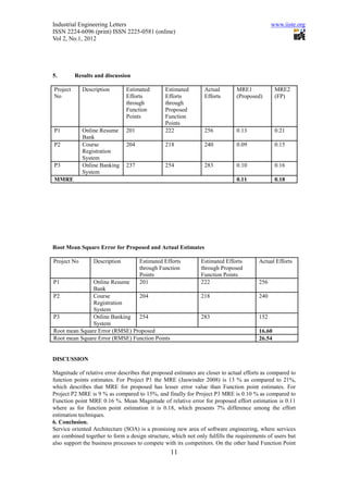 Industrial Engineering Letters                                                                 www.iiste.org
ISSN 2224-6096 (print) ISSN 2225-0581 (online)
Vol 2, No.1, 2012




5.        Results and discussion

Project      Description       Estimated        Estimated        Actual        MRE1              MRE2
No                             Efforts          Efforts          Efforts       (Proposed)        (FP)
                               through          through
                               Function         Proposed
                               Points           Function
                                                Points
P1           Online Resume     201              222              256           0.13              0.21
             Bank
P2           Course            204              218              240           0.09              0.15
             Registration
             System
P3           Online Banking    237              254              283           0.10              0.16
             System
MMRE                                                                           0.11              0.18




Root Mean Square Error for Proposed and Actual Estimates

Project No       Description         Estimated Efforts          Estimated Efforts        Actual Efforts
                                     through Function           through Proposed
                                     Points                     Function Points
P1             Online Resume         201                        222                      256
               Bank
P2             Course           204                             218                      240
               Registration
               System
P3             Online Banking   254                             283                      152
               System
Root mean Square Error (RMSE) Proposed                                                   16.60
Root mean Square Error (RMSE) Function Points                                            26.54


DISCUSSION

Magnitude of relative error describes that proposed estimates are closer to actual efforts as compared to
function points estimates. For Project P1 the MRE (Jaswinder 2008) is 13 % as compared to 21%,
which describes that MRE for proposed has lesser error value than Function point estimates. For
Project P2 MRE is 9 % as compared to 15%, and finally for Project P3 MRE is 0.10 % as compared to
Function point MRE 0.16 %. Mean Magnitude of relative error for proposed effort estimation is 0.11
where as for function point estimation it is 0.18, which presents 7% difference among the effort
estimation techniques.
6. Conclusion.
Service oriented Architecture (SOA) is a promising new area of software engineering, where services
are combined together to form a design structure, which not only fulfills the requirements of users but
also support the business processes to compete with its competitors. On the other hand Function Point
                                                  11
 